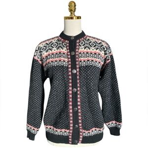 Rugged Bear Women Vtg Black Fair Isle Wool Button Ski Knit Cardigan Sweater Sz M